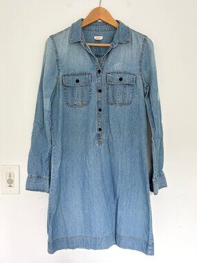 Vintage Y2K J. Crew Blue Chambray Dress with Roll Tab Sleeves Women's Size 2